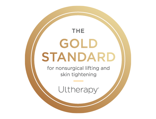 Badge met daarop 'The gold standard for nonsurgical lifting and skin tightening: Ultherapy'.